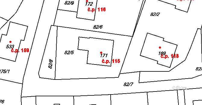 Dušejov 115 na parcele st. 171 v KÚ Dušejov, Katastrální mapa