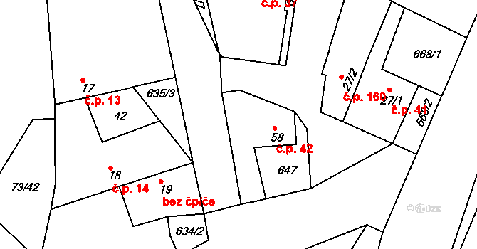 Byškovice 42, Neratovice na parcele st. 58 v KÚ Byškovice, Katastrální mapa