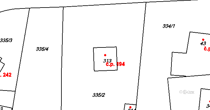 Hrádek 194 na parcele st. 313 v KÚ Hrádek u Rokycan, Katastrální mapa