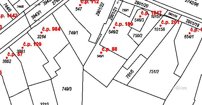 Bílé Předměstí 88, Pardubice na parcele st. 546/1 v KÚ Pardubice, Katastrální mapa