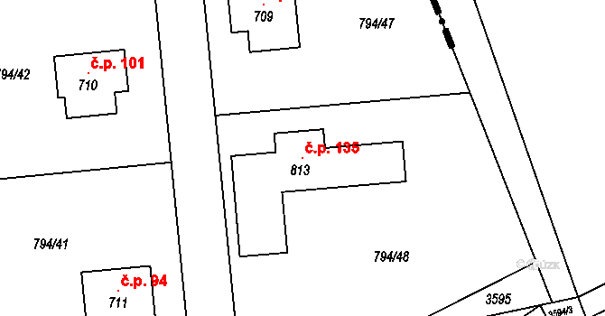 Halouny 135, Svinaře na parcele st. 813 v KÚ Svinaře, Katastrální mapa