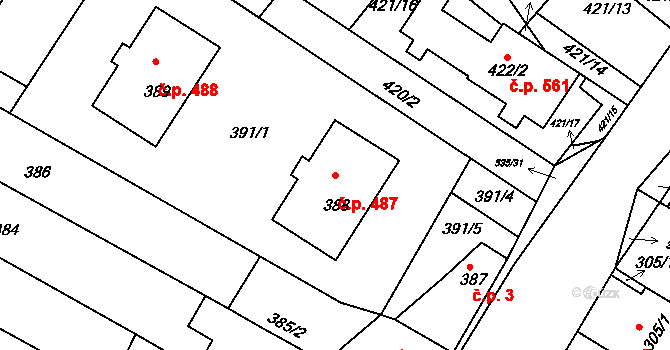 Drnholec 487 na parcele st. 388 v KÚ Drnholec, Katastrální mapa