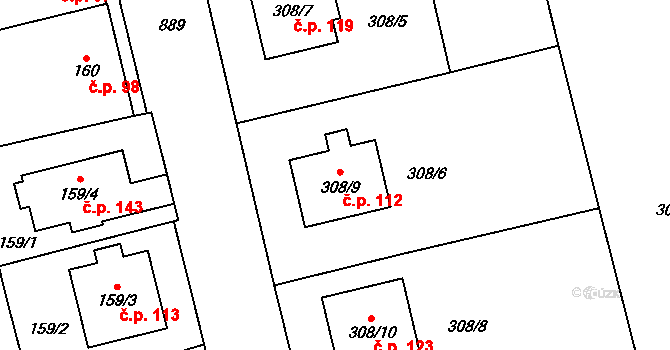 Bílovice 112, Bílovice-Lutotín na parcele st. 308/9 v KÚ Bílovice, Katastrální mapa
