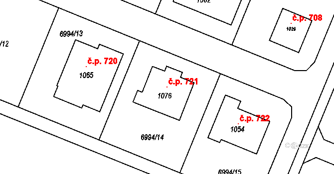 Lysice 721 na parcele st. 1076 v KÚ Lysice, Katastrální mapa