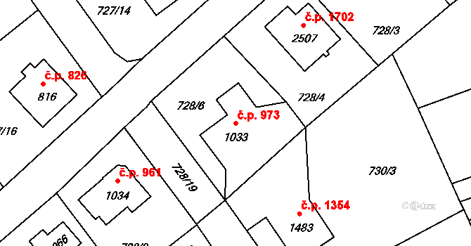 Říčany 973 na parcele st. 1033 v KÚ Říčany u Prahy, Katastrální mapa