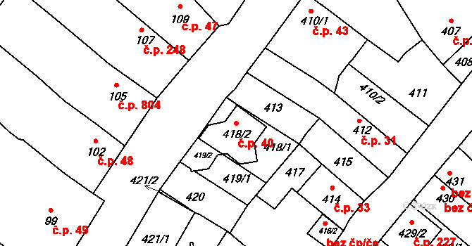 Lužice 40 na parcele st. 418/2 v KÚ Lužice u Hodonína, Katastrální mapa