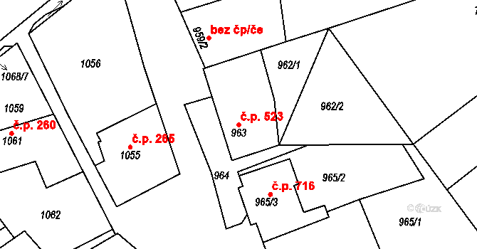 Šardice 523 na parcele st. 963 v KÚ Šardice, Katastrální mapa