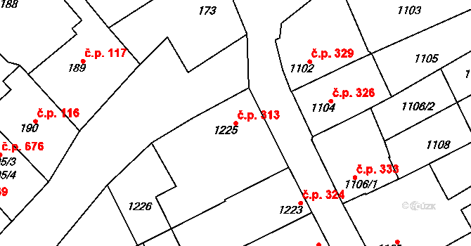 Vnorovy 313 na parcele st. 1225 v KÚ Vnorovy, Katastrální mapa