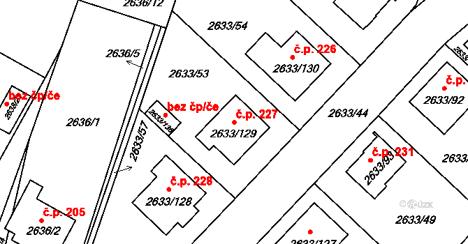 Dačice III 227, Dačice na parcele st. 2633/129 v KÚ Dačice, Katastrální mapa
