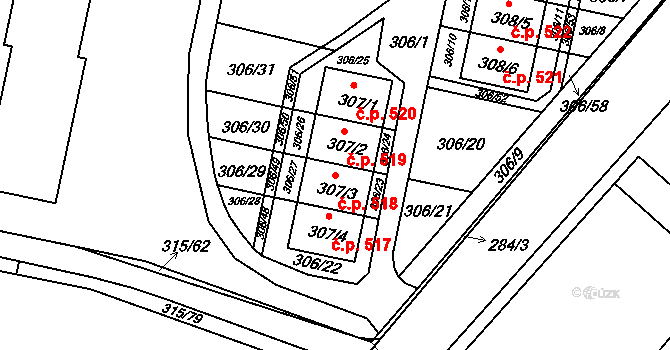 Kuřívody 518, Ralsko na parcele st. 307/3 v KÚ Kuřívody, Katastrální mapa