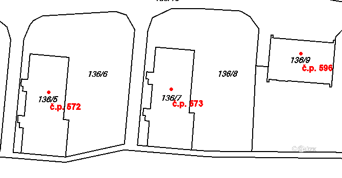 Karolinka 573 na parcele st. 136/7 v KÚ Karolinka, Katastrální mapa