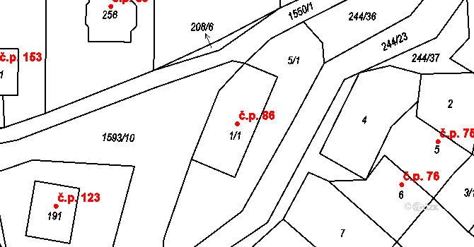 Kladeruby 86 na parcele st. 1/1 v KÚ Kladeruby, Katastrální mapa