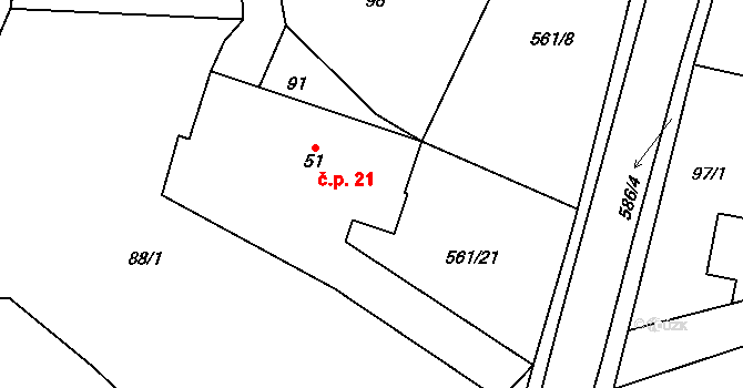 Vrbice 21 na parcele st. 51 v KÚ Vrbice nad Cidlinou, Katastrální mapa
