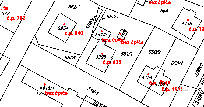 Žamberk 835 na parcele st. 3908 v KÚ Žamberk, Katastrální mapa