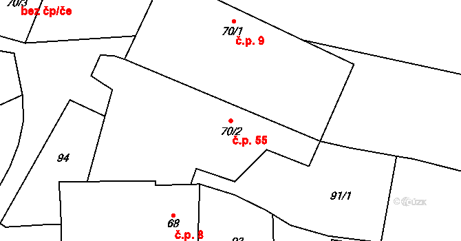 Horní Újezd 55 na parcele st. 70/2 v KÚ Horní Újezd u Třebíče, Katastrální mapa