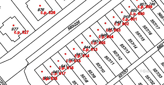 Podklášteří 613, Třebíč na parcele st. 944 v KÚ Podklášteří, Katastrální mapa