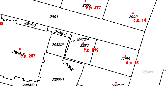 Smíchov 299, Praha na parcele st. 2987 v KÚ Smíchov, Katastrální mapa