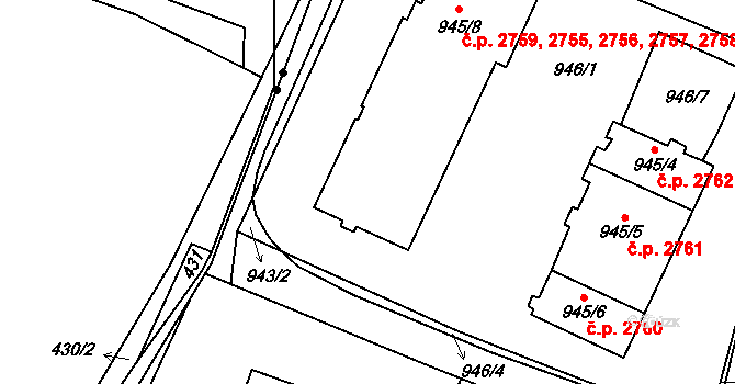 Smíchov 2755, Praha na parcele st. 945/8 v KÚ Smíchov, Katastrální mapa