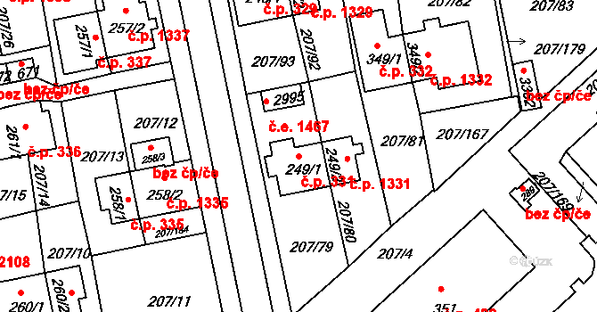 Sezimovo Ústí 331 na parcele st. 249/1 v KÚ Sezimovo Ústí, Katastrální mapa