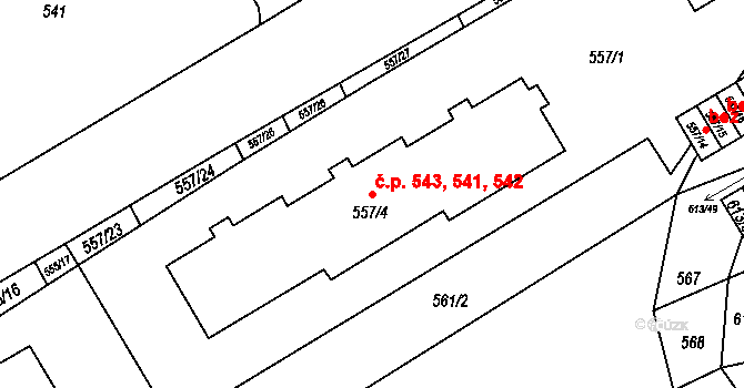 Zbýšov 541,542,543 na parcele st. 557/4 v KÚ Zbýšov u Oslavan, Katastrální mapa