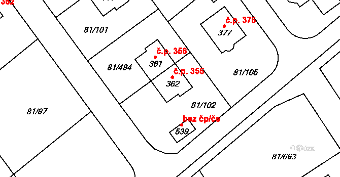 Nupaky 355 na parcele st. 362 v KÚ Nupaky, Katastrální mapa