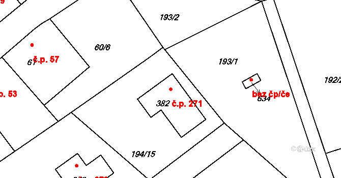 Bradlec 271 na parcele st. 382 v KÚ Bradlec, Katastrální mapa