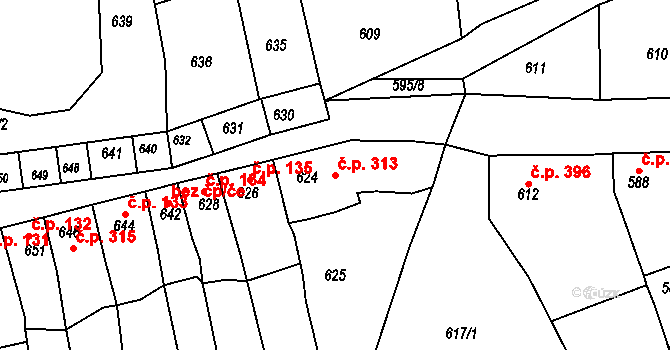 Bystřice nad Pernštejnem 313 na parcele st. 624 v KÚ Bystřice nad Pernštejnem, Katastrální mapa