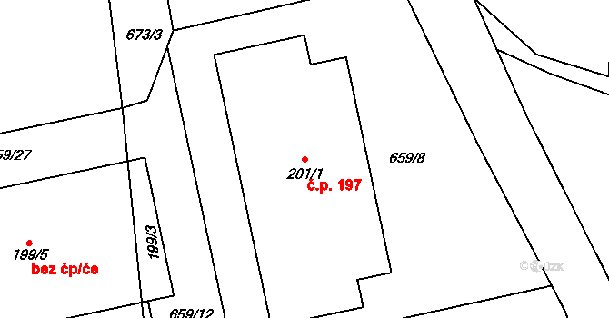 Bzová 197 na parcele st. 201/1 v KÚ Bzová u Hořovic, Katastrální mapa