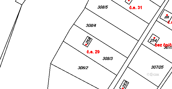 Tuchoměřice 29 na parcele st. 258 v KÚ Kněžívka, Katastrální mapa