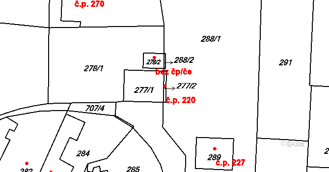 Komárov 220, Opava na parcele st. 277/1 v KÚ Komárov u Opavy, Katastrální mapa