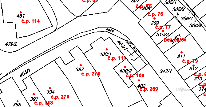 Velešovice 111 na parcele st. 400/1 v KÚ Velešovice, Katastrální mapa