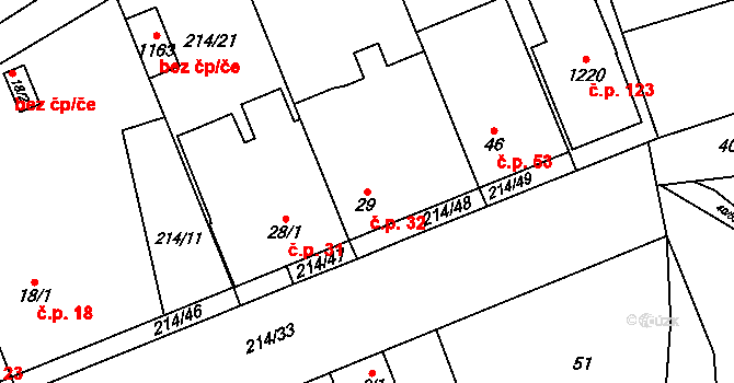 Doubravice 32, Pardubice na parcele st. 29 v KÚ Semtín, Katastrální mapa