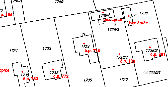 Odry 774 na parcele st. 1734 v KÚ Odry, Katastrální mapa