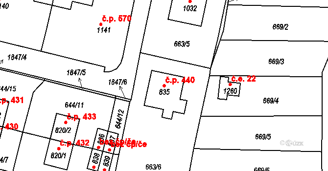 Velešín 440 na parcele st. 835 v KÚ Velešín, Katastrální mapa