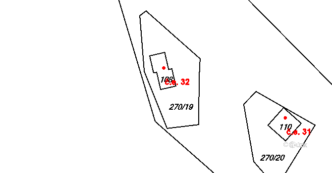 Kluček 32, Liběšice na parcele st. 108 v KÚ Kluček, Katastrální mapa