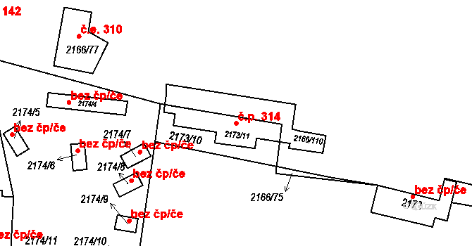 Staré Splavy 314, Doksy na parcele st. 2173/11 v KÚ Doksy u Máchova jezera, Katastrální mapa