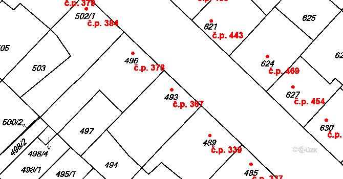 Lužice 367 na parcele st. 493 v KÚ Lužice u Hodonína, Katastrální mapa