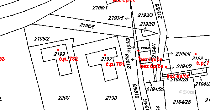 Pod Cvilínem 781, Krnov na parcele st. 2197 v KÚ Opavské Předměstí, Katastrální mapa