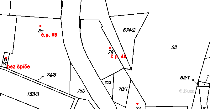 Křečovice 45 na parcele st. 78 v KÚ Křečovice u Neveklova, Katastrální mapa