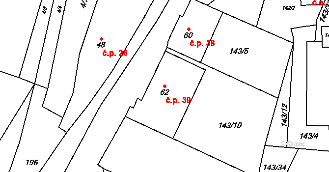 Strhaře 39 na parcele st. 62 v KÚ Strhaře, Katastrální mapa