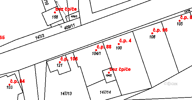 Podmoky 88 na parcele st. 104/1 v KÚ Podmoky u Městce Králové, Katastrální mapa