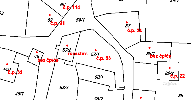 Adamov 23 na parcele st. 57/1 v KÚ Adamov u Českých Budějovic, Katastrální mapa