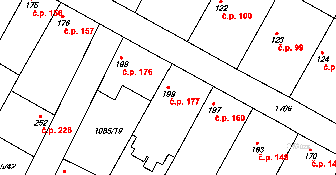 Čečelice 177 na parcele st. 199 v KÚ Čečelice, Katastrální mapa
