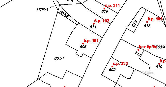Hostomice 191 na parcele st. 606 v KÚ Hostomice pod Brdy, Katastrální mapa