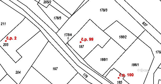 Tušť 99, Suchdol nad Lužnicí na parcele st. 187 v KÚ Tušť, Katastrální mapa