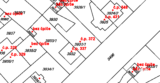 Božkov 372, Plzeň na parcele st. 3931/1 v KÚ Plzeň, Katastrální mapa
