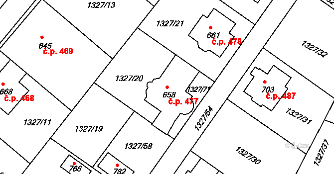 Stařeč 477 na parcele st. 658 v KÚ Stařeč, Katastrální mapa