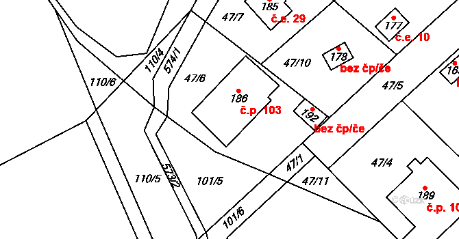 Hvozdec 103 na parcele st. 186 v KÚ Hvozdec, Katastrální mapa