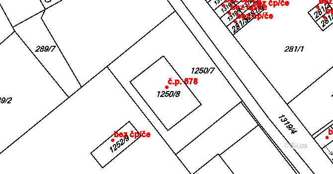 Božkov 678, Plzeň na parcele st. 1250/8 v KÚ Božkov, Katastrální mapa