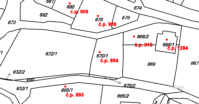 Brumov 894, Brumov-Bylnice na parcele st. 670/1 v KÚ Brumov, Katastrální mapa